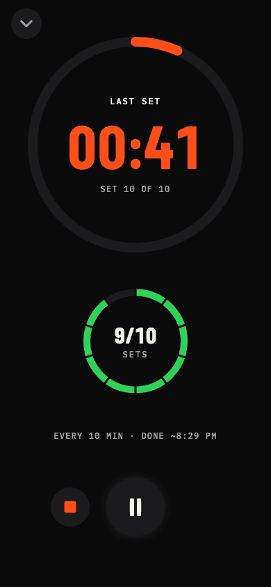 Fullscreen timer on the last set: the countdown burns orange at 41 seconds, with the sets ring at 9 of 10