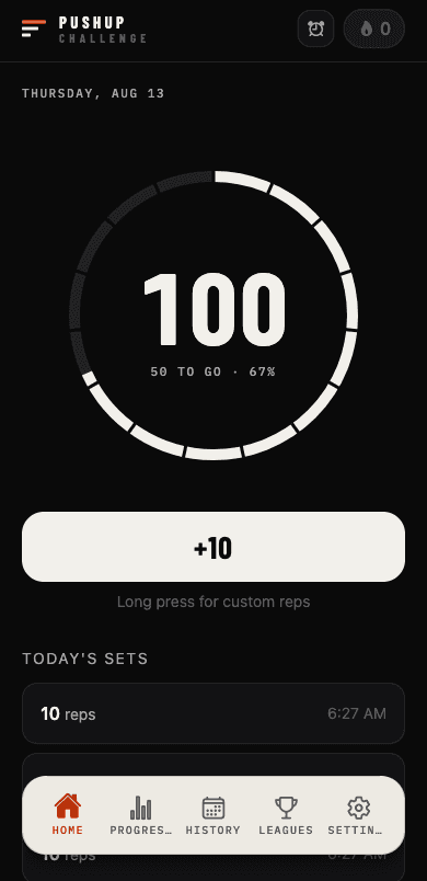 Home screen with the daily progress ring at 100 of 150 pushups and today's sets listed below